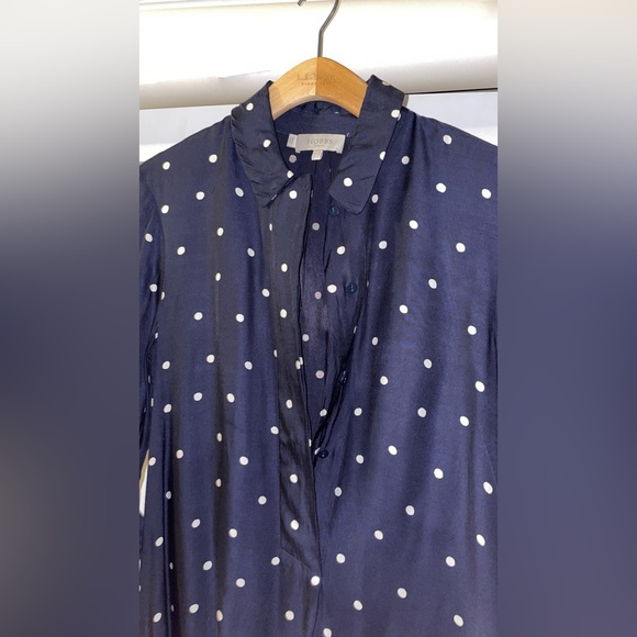 HOBBS LONDON // “Marci” Polka Dot Navy Blue Pullover Shirt Dress roll-up sleeves - Picture 5 of 11